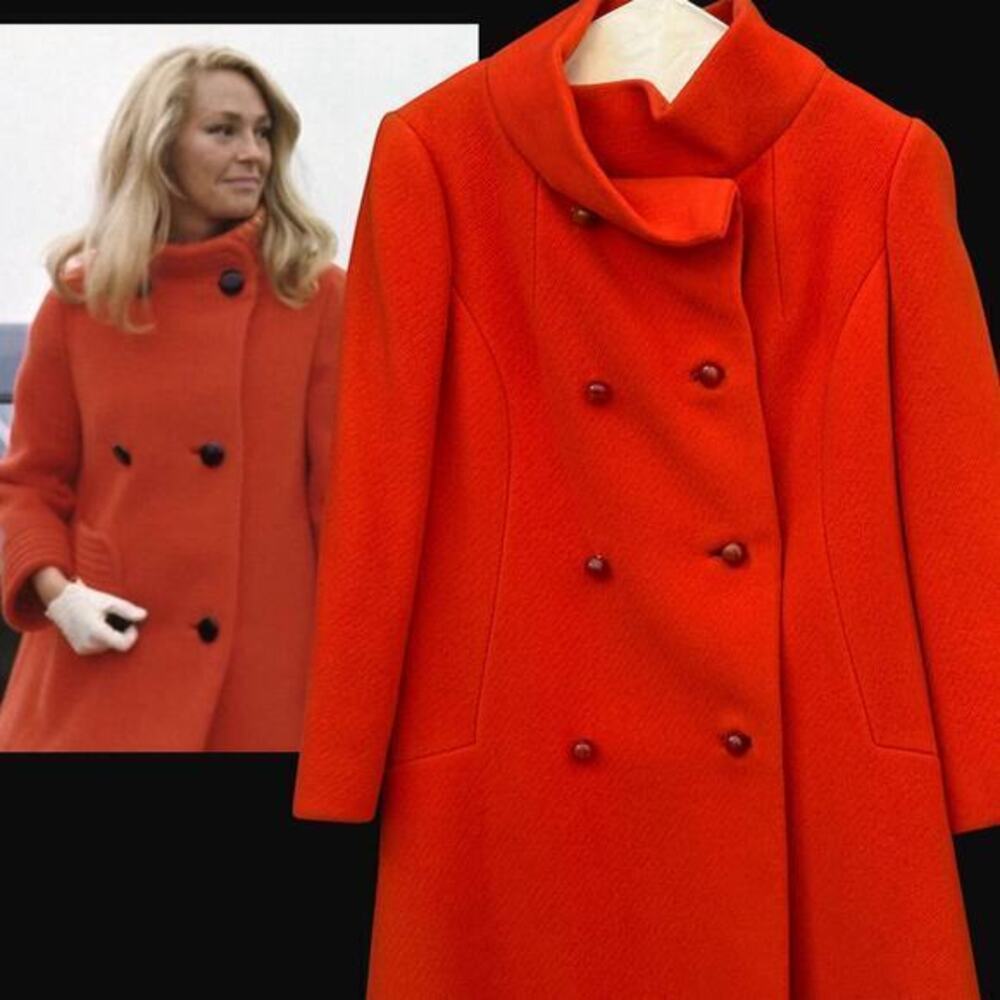 1960s Orange Wool Coat Young Elegants Double Breasted Lucite Buttons S/M Pockets